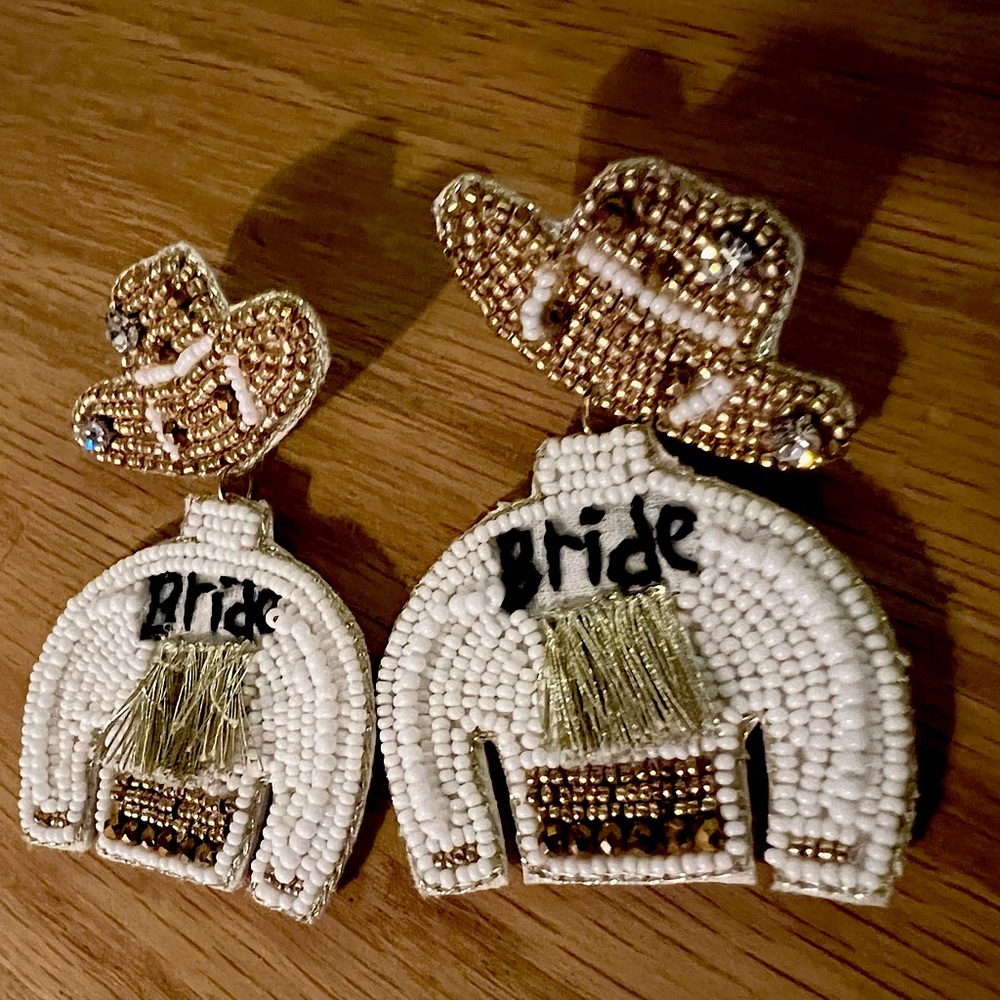 Adorable Bride earrings! Worn once for my Dolly Parton themed bachelorette trip.